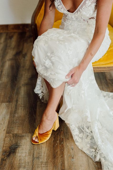 Yellow Wedding Shoes Brides, Fun Wedding Shoes Brides, Velvet Wedding Shoes, Boho Tropical Wedding, Yellow Wedding Shoes, Tropical Wedding Ideas, Mustard Shoes, Coolest Shoes, Western Bride