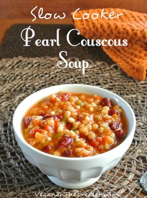 Soup With Pearl Couscous, Crockpot Couscous Recipes, Cous Cous Soup Recipes, Pearl Couscous Soup, Couscous Soup, Tomatoes Soup, Crockpot Vegan, Soup Crockpot, Vegan Crockpot