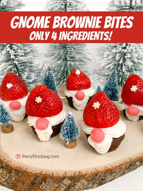 Easy Brownie Bite Gnomes, Gnome Brownies, Brownie Bite Gnomes, Brownie Gnomes, Gnome Cake Pops, Gnome Brownie Bites, Santa Gnome Dessert Board, Gnome Cupcakes Ideas, Gnome Desserts