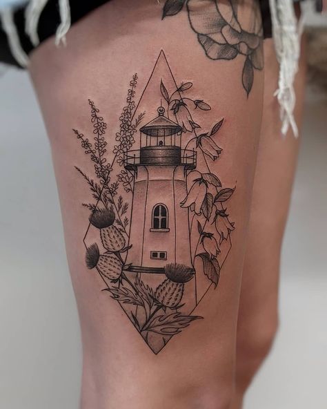 Womens Lighthouse Tattoo, Lighthouse Tattoo With Flowers, Lighthouse And Flowers Tattoo, Feminine Lighthouse Tattoo, Lighthouse Drawing Tattoo, Light House Tattoo Design, Lighthouse Tattoo For Women, Wales Tattoo, Light House Tattoo