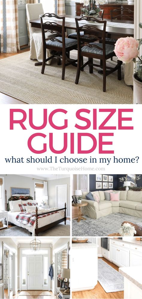 Adding an area rug to a room helps to create a cozy atmosphere to your room. Use these tips to help you choose and buy the right rug sizes for any room. How To Decorate With Rugs, Rugs In Dining Room Ideas, Multiple Rugs In One Room, Dining Room Rug Size Guide, Area Rug Size Guide, Area Rug Placement, Dining Room Rug Size, Foyer Ideas Entryway, Rug Over Carpet