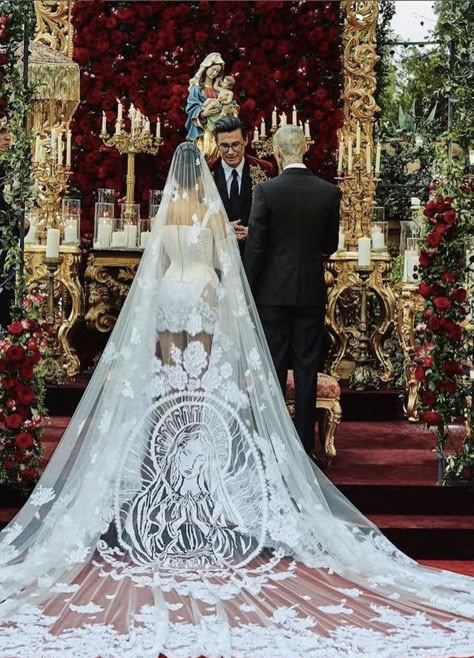 Guadalupe Wedding Veil, Virgin Mary Wedding Veil, Kourtney Kardashian Wedding, Kourtney Kardashian Barker, Kardashian Wedding, Dreamy Wedding Dress, Ellen Von Unwerth, Travis Barker, Weddings By Color