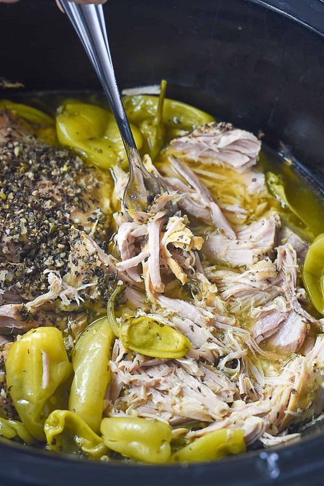 This tender Slow Cooker Greek Pork has amazing flavor, only requires a few ingredients and is so simple to make in the crock pot. Italian Roast Pork Sandwich Crockpot, Savory Pork Loin Crock Pot Recipes, Frozen Pork Loin Crock Pot Recipes, Greek Pulled Pork, Greek Pork Tenderloin Recipes, Potluck Dishes Crockpot, Greek Pork Tenderloin, Spanish Pasta, Tenderloin Recipes Crockpot