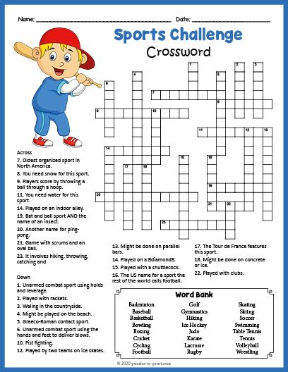 Help yourself or your students to learn the American names for various sports with this challenging crossword puzzle free for you to print. Babysitting Worksheets, Crosswords For Kids, Sports Crossword, Crossword Puzzles Printable, Kids Team Building Activities, Baseball Terms, Easter Crossword, Kids Crossword Puzzles, American Names