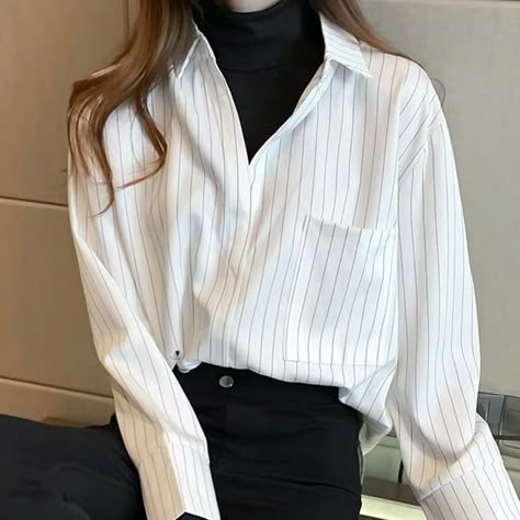 Brand New Turtle Neck And White Shirt Outfit, Turtle Neck With Button Up Shirt, Korean Fashion Business Casual, Trendy White Collared Shirt, White Button-up Tops For Fall, White Long Sleeve Office Shirt, Casual Black Shirt For Office Wear, White Office Shirt For Spring, Trendy Long Sleeve Business Casual Top