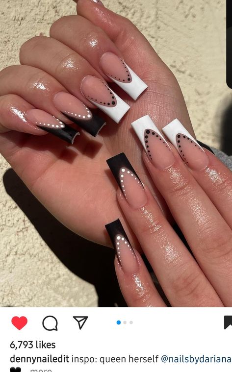 Black And White Nails Coffin, White And Black French Tip Nails, Long Square Nails Designs, Elegant Manicure Ideas, Black And White French Tip Nails, Black French Tip Nails With Design, Black And White Nails Ideas, Black French Tip Nail Designs, Black And White Acrylic Nails