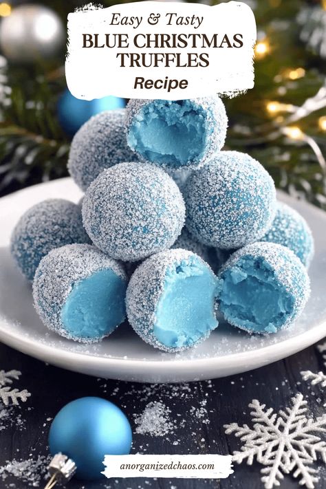 Blue Truffle Balls, Christmas Cookie Truffles, Chocolate Bombshell Christmas, Easy Yummy Christmas Desserts, Christmas Recipes Candy, Frostbite Blue Christmas Cocoa, Blue Christmas Truffles, Christmas Baked Treats, Blue And White Food Ideas