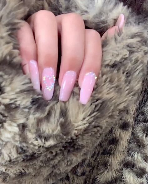 Heart Nails With Rhinestones, Simple Pink Nails With Rhinestones, Pink Bedazzled Nails, Nails With Heart Gems, Light Pink With Rhinestones Nails, Light Pink Nails Heart, Acrylic Nails Heart Gems, Hearts And Rhinestone Nails, Gem Heart Nails