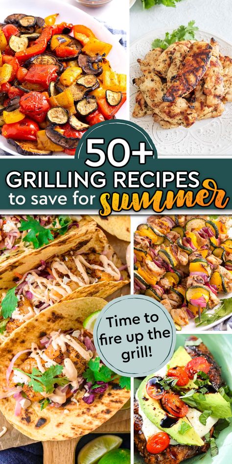 collage image of different grilling recipes, including grilled vegetables, grilled shrimp tacos, grilled chicken kebabs, grilled marinated chicken. Grilled Food Recipes, Summer Grilling Ideas, Grilled Vegetable Salads, Outdoor Cooking Recipes, Easy Grilling Recipes, Recipes For Summer, Summertime Recipes, Grilled Tofu, Classic Recipes