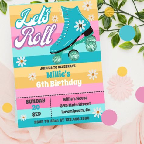 Roller Skating Birthday Party Invitations, Roller Skating Birthday Invitations, Roller Skate Birthday, Diy Birthday Invitations, Roller Skating Party, Skate Party, Rainbow Birthday Party, Girl Birthday Themes, Retro Rainbow