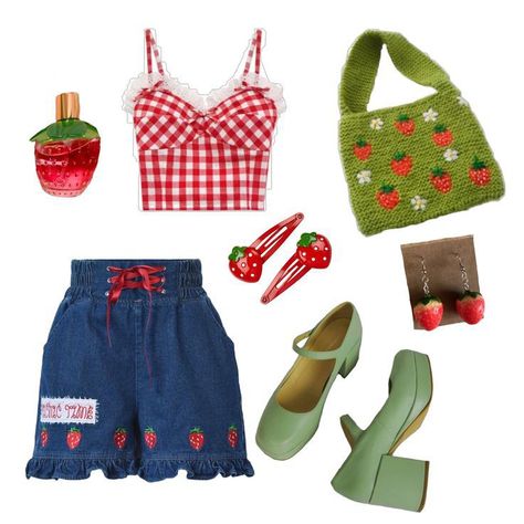 Summer Idol Outfit, Strawberry Coquette Outfit, Strawberrycore Aesthetic Outfits, Cute Strawberry Outfit, Y2k Cottagecore Outfits, Strawberrycore Outfits, Strawberry Outfit Ideas, Strawberry Themed Outfit, Indie Core Outfits