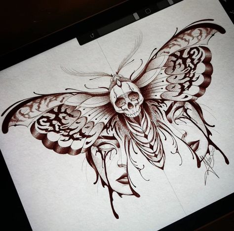 Creepy Moth Tattoo, Moth And Skull Tattoo, Moth Chest Tattoo Female, Creepy Butterfly Tattoo, Tattoo Am Hals, Moth Skull Tattoo, Deathhead Moth Tattoo, Full Back Tattoo Ideas, Butterfly Moth Tattoo