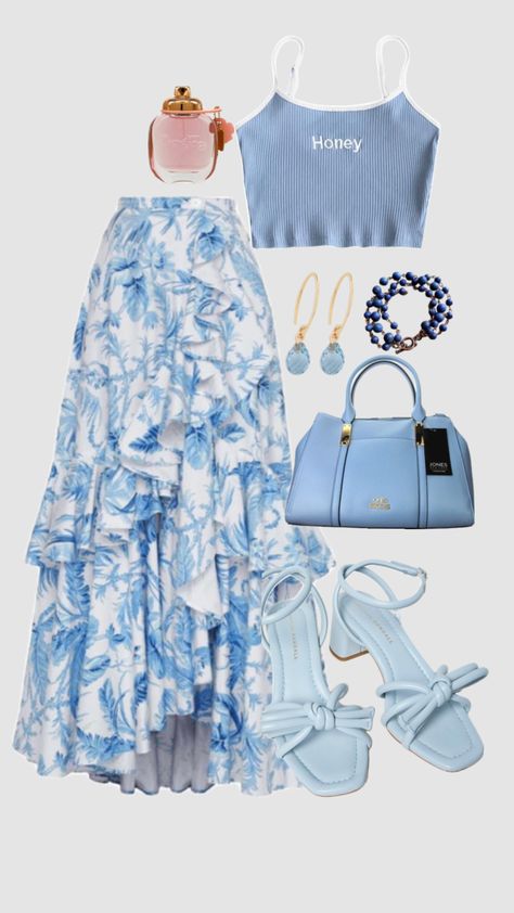 Blue monochrome outfit #blue #outfitinspo #ootd #monocromatic #monocrome #skirt #bags #perfumes Monochrome Outfit Blue, Blue Monochrome Outfit, Blue Monochrome, Monochrome Outfit, Casual Style Outfits, Fashion Poses, Your Aesthetic, Pretty Outfits, Dress Collection