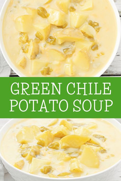 Green Chile Potato Soup ~ Tender potatoes in a creamy and savory broth infused with the bold flavor and subtle heat of green chile peppers! Potato And Green Chili Soup, Green Chili Soup, Chili Soup Recipe, Chicken Potato Soup, Green Chili Recipes, Chile Peppers, Chili Soup, Vegan Soup Recipes, Soup Crocks