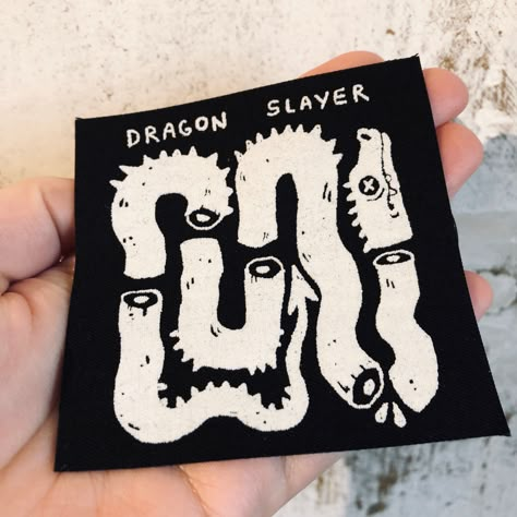 8cm x 8cm screenprinted patch Patch Ideas Diy, Cottage Punk, Goth Diy, Lino Ideas, Patch Ideas, Cloth Design, Diy Patches, Dragon Slayer, Thought Process