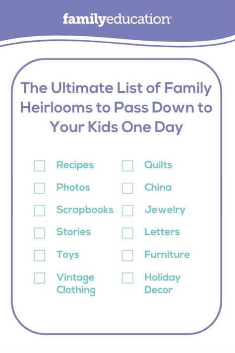 Checklist of family heirlooms to pass down to your kids. #familyheirlooms #familyeducation #familylife Heirlooms To Pass Down, History Scrapbook, History Podcasts, Tantrum Kids, Genealogy Organization, Toddlers Activities, Research Tips, Family Information, Toddler Discipline