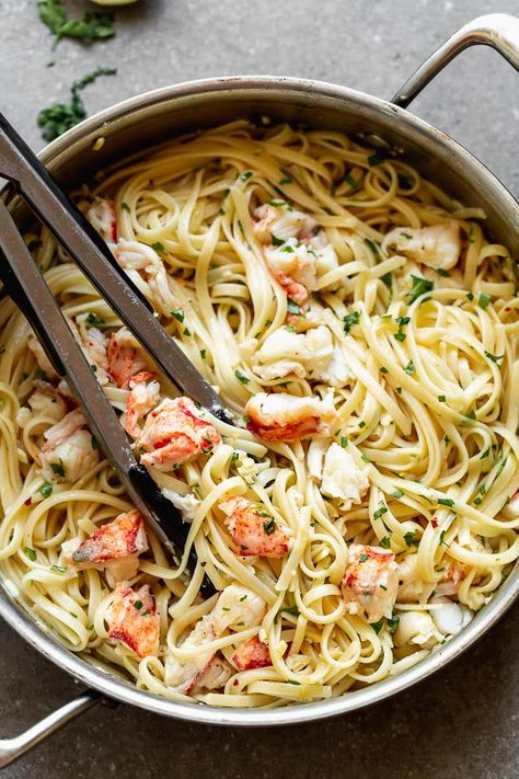 Lobster Scampi with Linguine - Cooking for Keeps Recipes With Lobster Tails, Lobster Noodles Recipe, Lobster Tail And Pasta Recipes, Pasta With Lobster Tails, Lobster Scampi Linguini, Lobster And Pasta Recipes, Lobster Pieces Recipes, Lobster Tail Pasta Recipe, Lobster Linguini Recipe