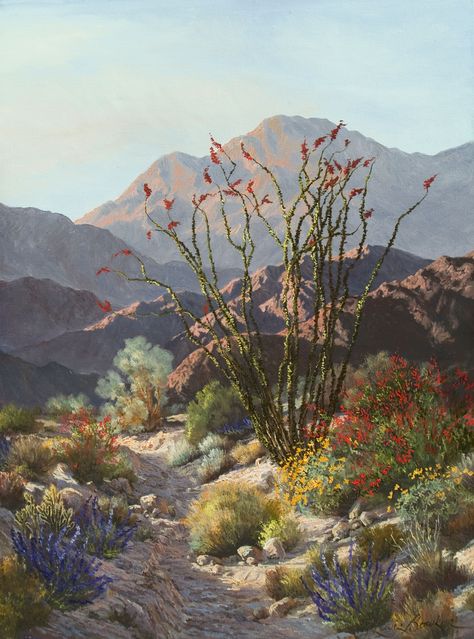 Morning Ocotillo- by J. Lewis Bowker.  Reproductions for sale on Ebay and www.jlewisbowker.com Desert Painting Ideas, Crochet Chocolate, Desert Landscape Painting, Vintage Breakfast, Southwest Landscape, Easy Tattoo, Wildflower Painting, Nature Makeup, Illustration Interior