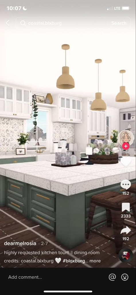 Bloxburg Home Inspo Exterior, Kitchen In Bloxburg Ideas, Bloxburg Mansion Kitchen Ideas, Beach House Kitchen Bloxburg, Bloxburg Custom Counter, Beachy Bloxburg House Layouts, Bloxburg Beach House Kitchen Ideas, Coastal Bloxburg Kitchen, Custom Bloxburg