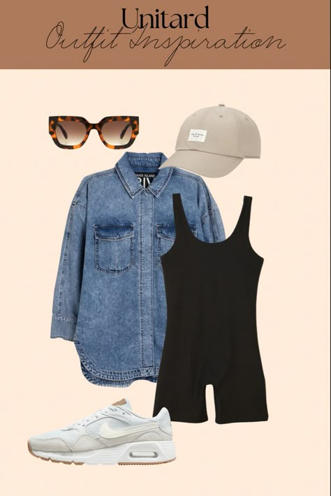 Styling A Unitard, Baseball Hat Outfit Plus Size, How To Style A Unitard, Cap Style Woman Outfits, Denim Cap Outfit, Styling Baseball Caps, Unitard Outfit Fashion, Cute Baseball Cap Outfits, Denim Shacket Outfit