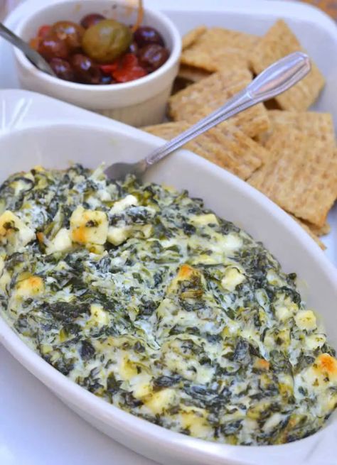 Baked Spinach & Feta Cheese Dip Spinach And Feta Dip, Pita Crackers Dip, Spinach Feta Dip Baked, Spinach Feta Dip, Baked Spinach Dip, Christmas Fare, Feta Cheese Dip, Spinach Bread, Baguette Slices