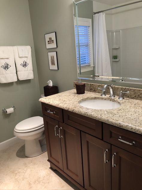 Brown Vanity Master Bath, Master Bath Brown Cabinets, Bathroom Remodel Brown Granite, Saddle Brown Bathroom Vanity, Farmhouse Bathroom Vanity Bfown, Boys Bedroom Colors, Traditional Bathroom, Boy's Bedroom, Bedroom Colors