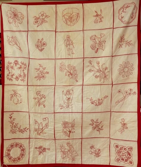 Quilts With Embroidery Ideas, Red Work Quilts, Folk Symbols, Redwork Quilts, Red Work Embroidery, Redwork Quilt, Redwork Embroidery Patterns, Branding Pattern, Antique Quilts Patterns