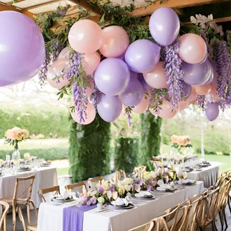 Wisteria birthday party theme - Perpetually Perplexed Wisteria Sweet 16, Pastel Purple Party Decor, Purple 40th Birthday Ideas, Balloon Arch With Wisteria, Pink And Purple Decorations Party, Lilac Graduation Party, Wisteria And Balloons, Wisteria Balloon Arch, Purple Floral Party