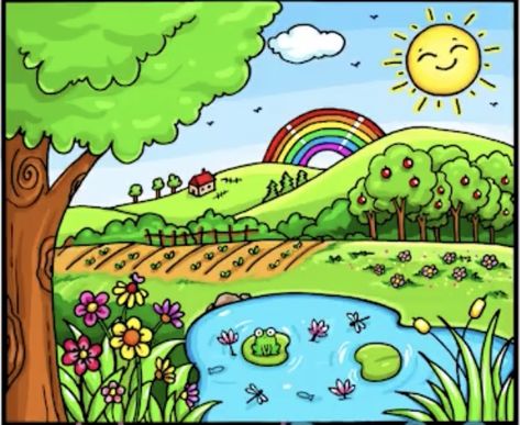 Rainbow Scenery Drawing, Lilly Drawing, Landscape Drawing For Kids, Beautiful Scenery Drawing, Summer Sketches, Scenery Drawing For Kids, Beginner Drawing Lessons, Phonics Chart, Kids Canvas Painting