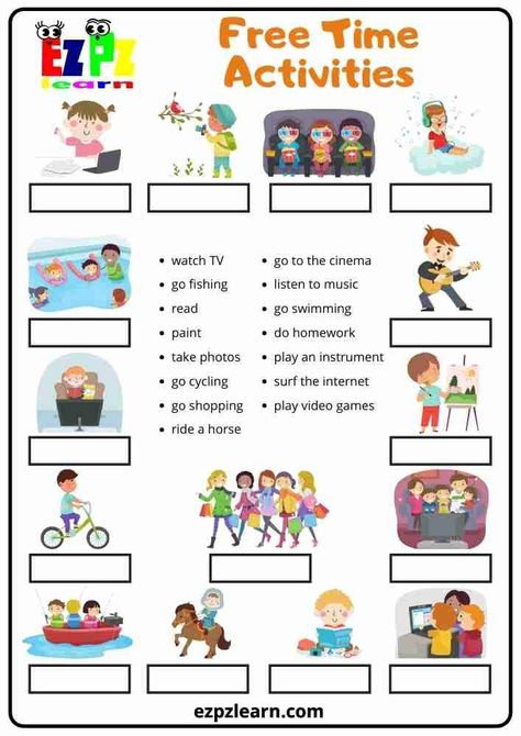 Esl Primary School Activities, Freetime Activities Worksheet, Free Time Activities Worksheets, English Class Activities, Worksheet Activities For Kids, Matching Activities For Preschoolers, Esl Activities For Kids, Activities Worksheets For Kids, Games Worksheet