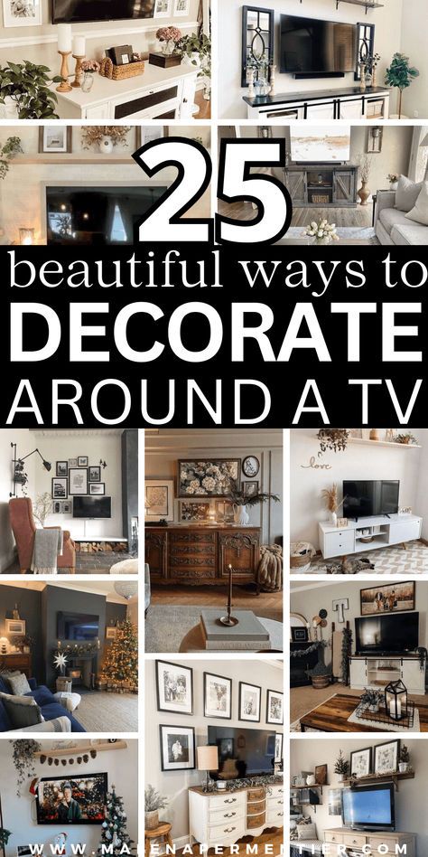 How To Decorate Around A TV (25 Beautiful Ideas To Recreate Now) Tv Wall Decoration Ideas, Decorate Tv Stand Living Rooms, Decor Beside Tv On Wall, Decor For Sides Of Tv, Decorating An Entertainment Center, Wall Decor Beside Tv, Wall Decor Tv Living Room, Picture Wall Around Tv, Where To Place Tv In Living Room