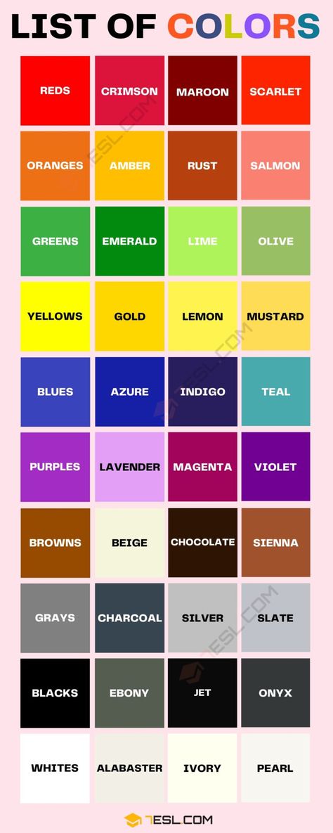 Color Names: List of Colors/ Colours in English with Images Types Of Colors Names, Colour Names Charts, Paint Mixing Chart, Children Bible Study, Colours Name, Country Paint Colors, Colors Name In English, Chanel Williams, Color Names Chart