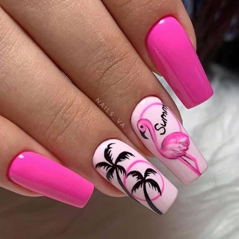 Hawaiian Nails, Palm Nails, Flamingo Nails, Tropical Nails, Fancy Nails Designs, Vibrant Nails, Beach Nails, Fancy Nails, Summer Nail