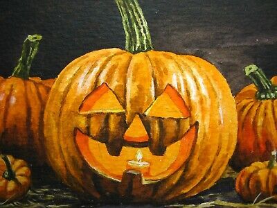 WATERCOLOR PAINTING PUMPKIN Candle Halloween Jack-o-lantern ACEO Art - $35.40 | PicClick Jack O Lantern Painting, Jack O Lantern Cat, Lantern Painting, Painting Pumpkin, Candle Halloween, Professional Watercolor, Pumpkin Candle, Jack O Lantern Faces, Halloween Moon