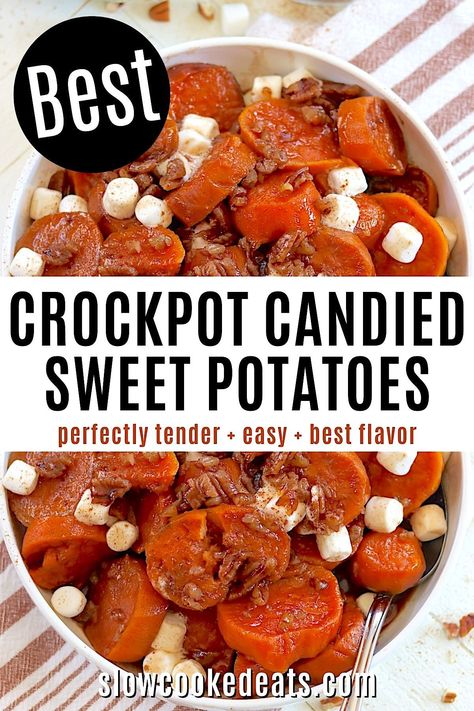 These crockpot candied sweet potatoes take a classic holiday side dish and make it super easy! Fresh sweet potatoes are layered with pecans, then slow cooked in a wonderful syrupy blend of sugar, orange juice, vanilla, and spices until they are fork tender. Finish off with a sprinkling of mini marshmallows - and voila - the perfect holiday side dish recipe! Holiday Crockpot, Crockpot Holiday Recipes, Slow Cooker Holiday Recipes, Slow Cooker Candy, Crockpot Side Dishes, Sweet Potato Pecan, Crockpot Candy, Sweet Potatoes Recipe, Crock Pot Potatoes