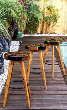 'TEAK + RESIN' Furniture by Bobby Marsden - CHRISTINA TWOMEY ART + DESIGN Resin Stool Top, Beach Resin Table, Stool Design Ideas, Pine Cone Resin Table, Resin Chair, Blue Resin Wood Table, Dining Table In Living Room, Wood Epoxy, Different Types Of Wood