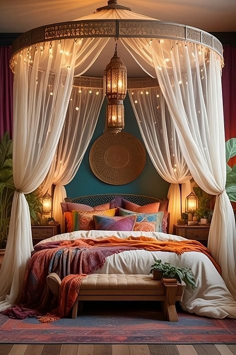 Paint Color Ideas For Bedroom, Luxury Hotel Room Design, Color Ideas For Bedroom, Arabian Bedroom Ideas, Ideas For Bedroom Walls, Paint Colors For Bedroom Walls, Canopy Bed Design, Colors For Bedroom Walls, Moroccan Bedroom Decor