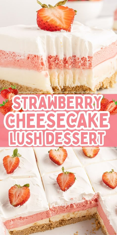 This layered Strawberry Cheesecake Lush is a lusciously creamy and completely addicting dessert. Layers of graham cracker crust, no bake vanilla cheesecake layer, strawberry Jello, and whipped cream. Strawberry Squares Recipes, Strawberry Heaven Dessert, Jello No Bake Cheesecake Recipes, Strawberry Cheesecake Lush Recipe, Strawberry Lush Dessert, Graham Cracker Crust No Bake, Strawberry Jello Cheesecake, Strawberry Lush, Strawberry Cheesecake Lush