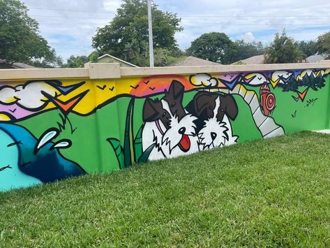 Dog Mural Ideas, Dog Mural, Dogs Painting, Mural Ideas, Graffiti Wall Art, Dog Fence, Graffiti Wall, Dog Paintings, Fenced In Yard