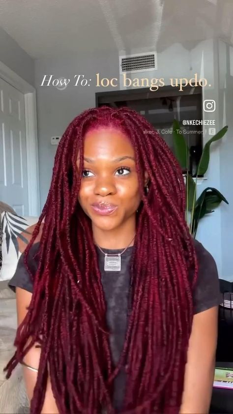 Bang Updo, Burgundy Locs, Dreadlocks Hair Care, Braids Locs, Updo Tutorial, Beautiful Black Hair, Beautiful Dreadlocks, Short Locs Hairstyles, Faux Locs Hairstyles