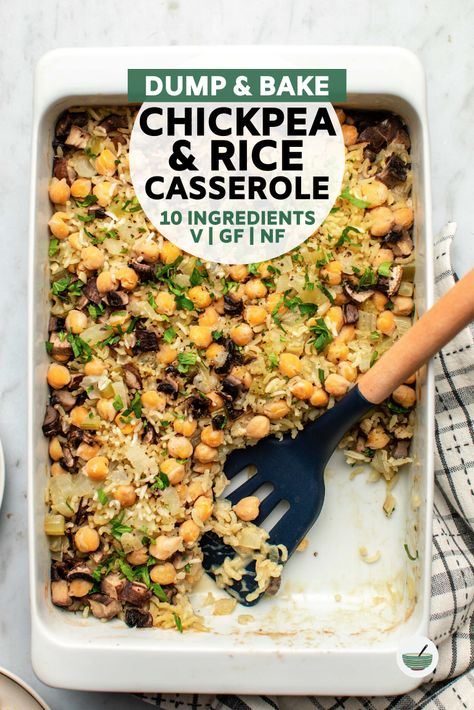 This dump-and-bake Chickpea & Rice Casserole is easy AND delicious! Made from only 10 plant-based ingredients, it delivers big flavor with minimal effort. Perfect for meal prep or a weeknight dinner! Vegan Chickpea And Rice Recipes, Minimal Ingredient Vegan Recipes, Rice Based Casseroles, Chickpea Casserole Vegan, Chickpea Meals Easy, 10 Min Vegan Meals, Dump And Bake Vegetarian Casseroles, Vegan Dinner Ideas Easy, Plant Based Woman Warrior Recipes