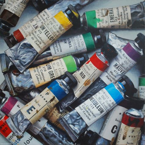 Vintage Rowney Oil Paint painted by Graham Spice - Acrylic on Canvas Paint Materials Aesthetic, Paint Tube Photography, Painting Materials Art Supplies Aesthetic, Painting Supplies Aesthetic, Oil Paint Aesthetic, Oil Paint Supplies, Acrylic Paint Tubes, Photo Realism, Oil Painting Supplies