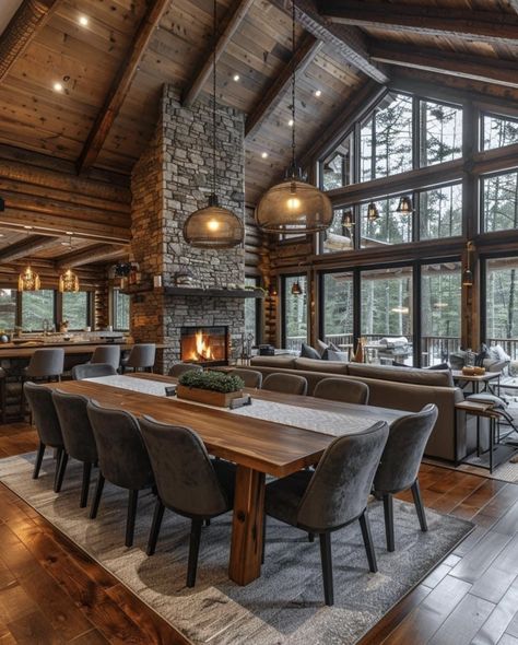 Interior Log Cabin, Mountain Homes Interiors, Lakehouse Living Room, Mountain House Interior, Vacation House Plans, Mountain Home Exterior, Table For 12, Log Houses, Cabin Inspiration