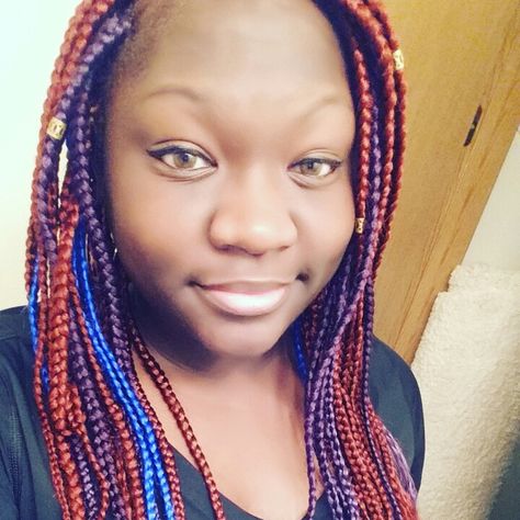 Blue red and purple box braids medium Red And Purple Box Braids, Purple Braided Hairstyles, Box Braids Medium, Purple Box Braids, Blue Braids, Color Braids, Braids Medium, Beauty Land, Red And Purple