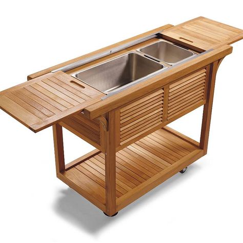 From top to bottom, we designed this handsome teak cart to be the ultimate outdoor beverage center. Beautifully crafted from grade-A teak, its top panels slide open to reveal a high-quality stainless steel beverage tub and companion ice bucket. Crafted from grade-A teakBuilt-in beverage tub and ice bucketOpened panels also double as secure serving surfacesDual handles and four casters for easy mobilityTub and bucket remove for easy cleaningTeak will adopt a silvery patina over timeAssembly re...