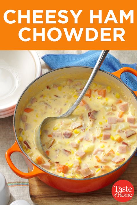 Slow Cooker Ham Chowder, Cheesy Ham And Corn Chowder, Cheesy Ham And Potato Chowder, Ham And Cheese Chowder, Cheesy Ham Soup, Ham Chowder Soup, Soup Recipes Dutch Oven, Soup Recipes With Ham, Potato Ham Chowder