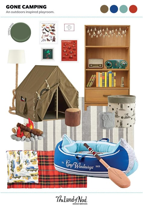 Campfire Bedroom Ideas, Camping Inspired Bedroom, National Parks Playroom, Camp Themed Playroom, Kids Camping Bedroom, Camping Nursery Theme Gender Neutral, Park Ranger Nursery, Outdoorsy Boys Room, Camping Kids Room