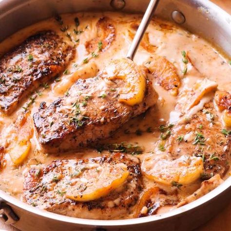 Pork Chops in Apple Cider Sauce Pork Apple Cider Recipe, Pork Chop Recipes Apple Cider, Sun Dried Tomato Pork Chops, Apple Cider Dinner Recipes, Apple Cider Pork Tenderloin, Cider Pork Chops, Apple Cider Pork Chops, Apple Cider Pork, Pork Chops With Apples