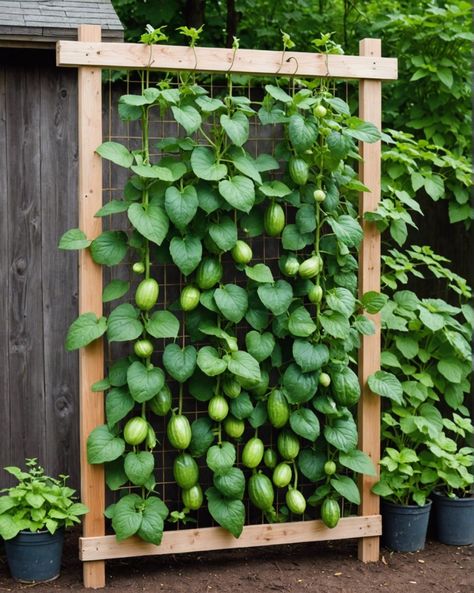 Cucumber trellis ideas for small spaces! Discover 11 space-saving designs, from tiered systems to wall-mounted ladders, and start growing your own cucumbers today! Diy Trellis For Raised Garden Bed, Homemade Trellis Ideas, Cucumber Trellis Ideas, Homemade Trellis, Pallet Trellis, Bean Trellis, Trellis System, Obelisk Trellis, Tomato Trellis