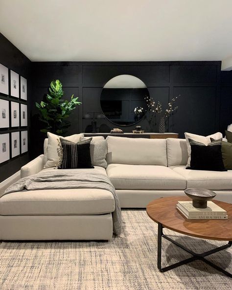 13 Rooms With Black Walls That'll Convince You To Try This Moody Hue In Your Home Black Walls Living Room, Moody Interior Design, Moody Living Room, Media Room Design, Dark Living Rooms, Home Cinema Room, Basement Living Rooms, Black Living Room, Basement Decor